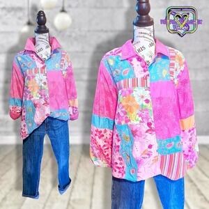 Vintage Quirky Hot Pink Silk Patchwork Floral Blazer Jacket, Large